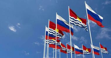 Kiribati and France Flags Waving Together in the Sky, Seamless Loop in Wind, Space on Left Side for Design or Information, 3D Rendering video