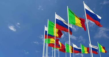 Mali and Russia Flags Waving Together in the Sky, Seamless Loop in Wind, Space on Left Side for Design or Information, 3D Rendering video