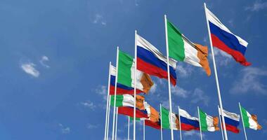 Irlanda e França bandeiras acenando juntos dentro a céu, desatado ciclo dentro vento, espaço em esquerda lado para Projeto ou Informação, 3d Renderização video