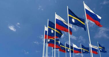 Nauru and Russia Flags Waving Together in the Sky, Seamless Loop in Wind, Space on Left Side for Design or Information, 3D Rendering video