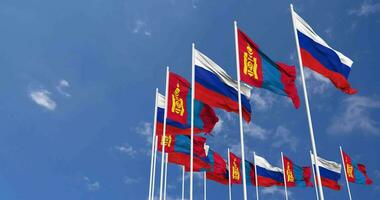 Mongólia e Rússia bandeiras acenando juntos dentro a céu, desatado ciclo dentro vento, espaço em esquerda lado para Projeto ou Informação, 3d Renderização video