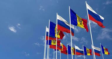 Moldova and Russia Flags Waving Together in the Sky, Seamless Loop in Wind, Space on Left Side for Design or Information, 3D Rendering video