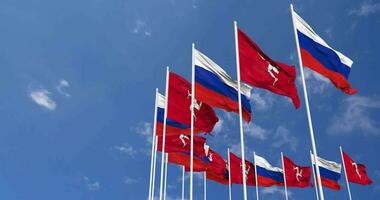 île de homme et France drapeaux agitant ensemble dans le ciel, sans couture boucle dans vent, espace sur la gauche côté pour conception ou information, 3d le rendu video