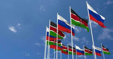 Kenia e Francia bandiere agitando insieme nel il cielo, senza soluzione di continuità ciclo continuo nel vento, spazio su sinistra lato per design o informazione, 3d interpretazione video
