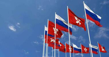 Hong Kong and France Flags Waving Together in the Sky, Seamless Loop in Wind, Space on Left Side for Design or Information, 3D Rendering video