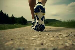 AI generated Close-up of a man's legs running along the road. Running through dusty terrain with emphasis on the runner's legs. Neural network AI generated photo