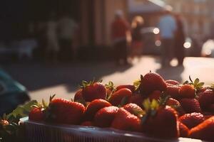 ai generado cosecha fresas embalaje fresas en cajas para venta. neural red ai generado foto