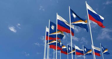 Marshall Islands and Russia Flags Waving Together in the Sky, Seamless Loop in Wind, Space on Left Side for Design or Information, 3D Rendering video