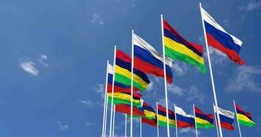 Mauritius and Russia Flags Waving Together in the Sky, Seamless Loop in Wind, Space on Left Side for Design or Information, 3D Rendering video