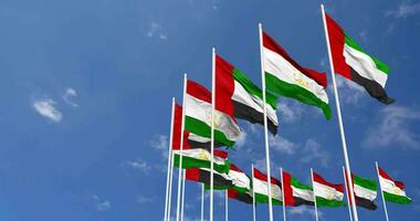 Tajikistan and United Arab Emirates, UAE Flags Waving Together in the Sky, Seamless Loop in Wind, Space on Left Side for Design or Information, 3D Rendering video