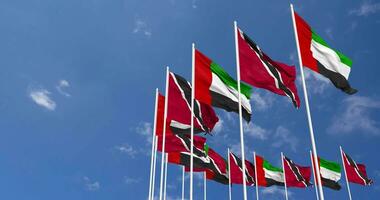 Trinidad and Tobago and United Arab Emirates, UAE Flags Waving Together in the Sky, Seamless Loop in Wind, Space on Left Side for Design or Information, 3D Rendering video