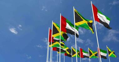 Jamaica and United Arab Emirates, UAE Flags Waving Together in the Sky, Seamless Loop in Wind, Space on Left Side for Design or Information, 3D Rendering video