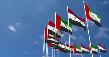 Syria and United Arab Emirates, UAE Flags Waving Together in the Sky, Seamless Loop in Wind, Space on Left Side for Design or Information, 3D Rendering video