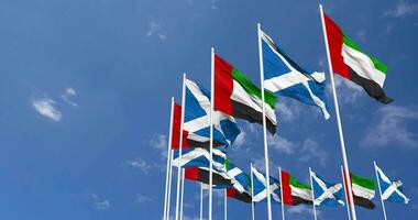 Scotland and United Arab Emirates, UAE Flags Waving Together in the Sky, Seamless Loop in Wind, Space on Left Side for Design or Information, 3D Rendering video