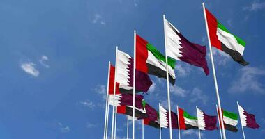 Qatar and United Arab Emirates, UAE Flags Waving Together in the Sky, Seamless Loop in Wind, Space on Left Side for Design or Information, 3D Rendering video