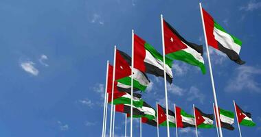 Jordan and United Arab Emirates, UAE Flags Waving Together in the Sky, Seamless Loop in Wind, Space on Left Side for Design or Information, 3D Rendering video