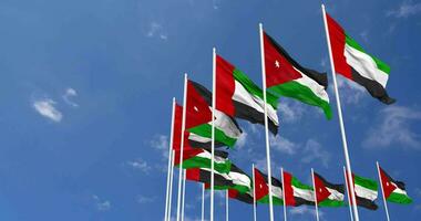 Jordan and United Arab Emirates, UAE Flags Waving Together in the Sky, Seamless Loop in Wind, Space on Left Side for Design or Information, 3D Rendering video