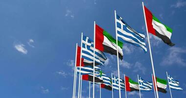 Greece and United Arab Emirates, UAE Flags Waving Together in the Sky, Seamless Loop in Wind, Space on Left Side for Design or Information, 3D Rendering video