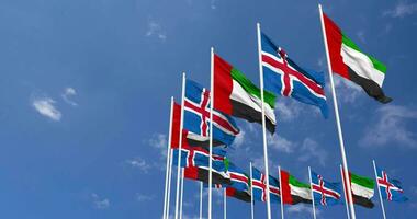 Iceland and United Arab Emirates, UAE Flags Waving Together in the Sky, Seamless Loop in Wind, Space on Left Side for Design or Information, 3D Rendering video