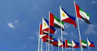 Philippines and United Arab Emirates, UAE Flags Waving Together in the Sky, Seamless Loop in Wind, Space on Left Side for Design or Information, 3D Rendering video