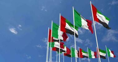 Italy and United Arab Emirates, UAE Flags Waving Together in the Sky, Seamless Loop in Wind, Space on Left Side for Design or Information, 3D Rendering video