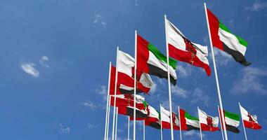 Gibilterra e unito arabo emirati, Emirati Arabi Uniti bandiere agitando insieme nel il cielo, senza soluzione di continuità ciclo continuo nel vento, spazio su sinistra lato per design o informazione, 3d interpretazione video