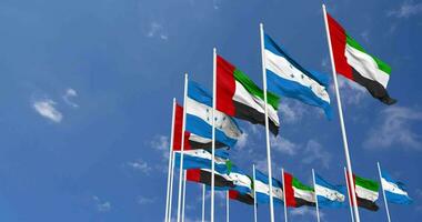 Honduras and United Arab Emirates, UAE Flags Waving Together in the Sky, Seamless Loop in Wind, Space on Left Side for Design or Information, 3D Rendering video