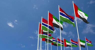 Gambia and United Arab Emirates, UAE Flags Waving Together in the Sky, Seamless Loop in Wind, Space on Left Side for Design or Information, 3D Rendering video