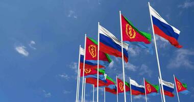eritrea och Frankrike flaggor vinka tillsammans i de himmel, sömlös slinga i vind, Plats på vänster sida för design eller information, 3d tolkning video