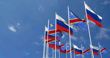DR Congo and France Flags Waving Together in the Sky, Seamless Loop in Wind, Space on Left Side for Design or Information, 3D Rendering video