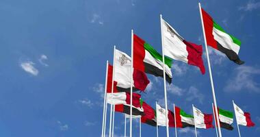 Malta y unido árabe emiratos, uae banderas ondulación juntos en el cielo, sin costura lazo en viento, espacio en izquierda lado para diseño o información, 3d representación video