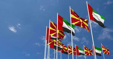 North Macedonia and United Arab Emirates, UAE Flags Waving Together in the Sky, Seamless Loop in Wind, Space on Left Side for Design or Information, 3D Rendering video