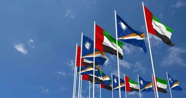Marshall Islands and United Arab Emirates, UAE Flags Waving Together in the Sky, Seamless Loop in Wind, Space on Left Side for Design or Information, 3D Rendering video