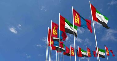 Mongolia and United Arab Emirates, UAE Flags Waving Together in the Sky, Seamless Loop in Wind, Space on Left Side for Design or Information, 3D Rendering video