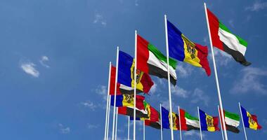 Moldova and United Arab Emirates, UAE Flags Waving Together in the Sky, Seamless Loop in Wind, Space on Left Side for Design or Information, 3D Rendering video