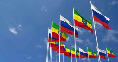 Ethiopia and France Flags Waving Together in the Sky, Seamless Loop in Wind, Space on Left Side for Design or Information, 3D Rendering video