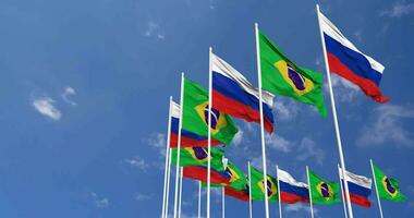 Brazil and France Flags Waving Together in the Sky, Seamless Loop in Wind, Space on Left Side for Design or Information, 3D Rendering video