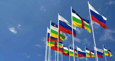 central africano república e França bandeiras acenando juntos dentro a céu, desatado ciclo dentro vento, espaço em esquerda lado para Projeto ou Informação, 3d Renderização video