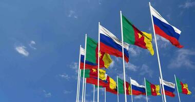 Kamerun und Frankreich Flaggen winken zusammen im das Himmel, nahtlos Schleife im Wind, Raum auf links Seite zum Design oder Information, 3d Rendern video