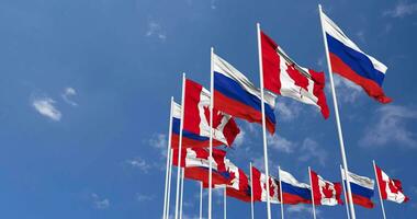Canadá y Francia banderas ondulación juntos en el cielo, sin costura lazo en viento, espacio en izquierda lado para diseño o información, 3d representación video