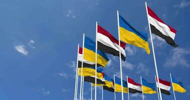 Ukraine and Yemen Flags Waving Together in the Sky, Seamless Loop in Wind, Space on Left Side for Design or Information, 3D Rendering video