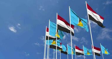 Saint Lucia and Yemen Flags Waving Together in the Sky, Seamless Loop in Wind, Space on Left Side for Design or Information, 3D Rendering video