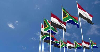 South Africa and Yemen Flags Waving Together in the Sky, Seamless Loop in Wind, Space on Left Side for Design or Information, 3D Rendering video