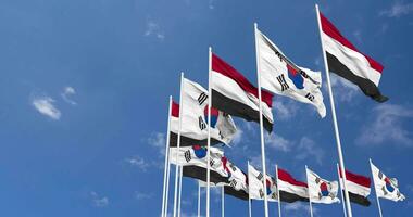 South Korea and Yemen Flags Waving Together in the Sky, Seamless Loop in Wind, Space on Left Side for Design or Information, 3D Rendering video