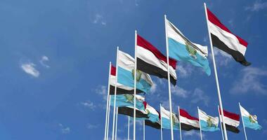 San Marino and Yemen Flags Waving Together in the Sky, Seamless Loop in Wind, Space on Left Side for Design or Information, 3D Rendering video