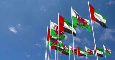 Galles e unito arabo emirati, Emirati Arabi Uniti bandiere agitando insieme nel il cielo, senza soluzione di continuità ciclo continuo nel vento, spazio su sinistra lato per design o informazione, 3d interpretazione video