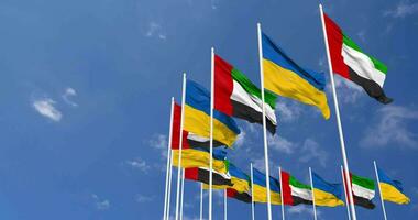 Ukraine and United Arab Emirates, UAE Flags Waving Together in the Sky, Seamless Loop in Wind, Space on Left Side for Design or Information, 3D Rendering video