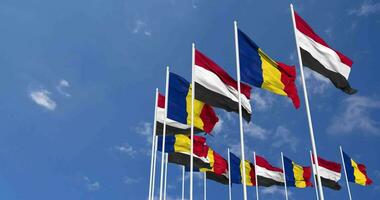 Romania and Yemen Flags Waving Together in the Sky, Seamless Loop in Wind, Space on Left Side for Design or Information, 3D Rendering video