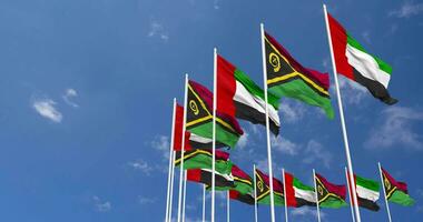 Vanuatu and United Arab Emirates, UAE Flags Waving Together in the Sky, Seamless Loop in Wind, Space on Left Side for Design or Information, 3D Rendering video