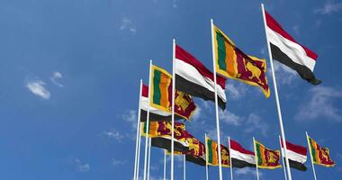 Sri Lanka and Yemen Flags Waving Together in the Sky, Seamless Loop in Wind, Space on Left Side for Design or Information, 3D Rendering video